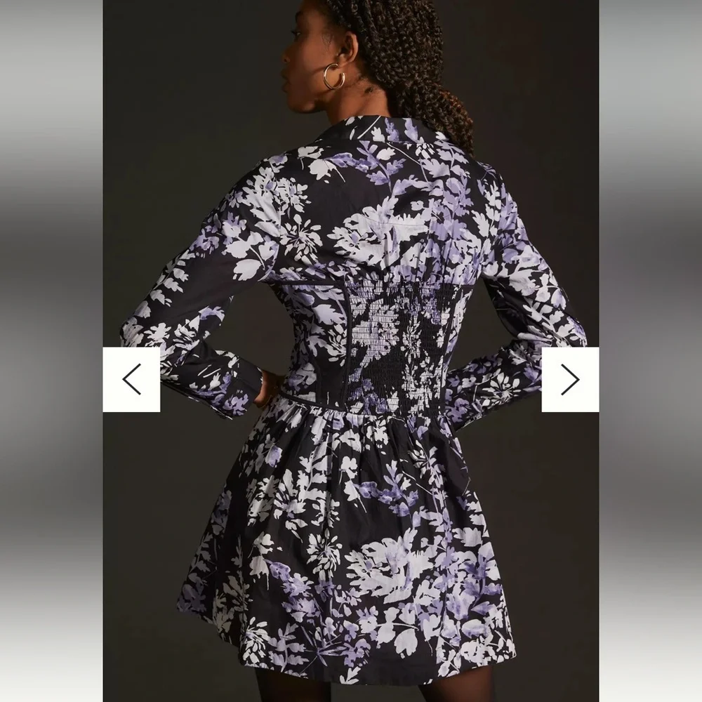 Anthropologie Corset Mini Shirt Dress - Black/White/Purple Floral long sleeve
